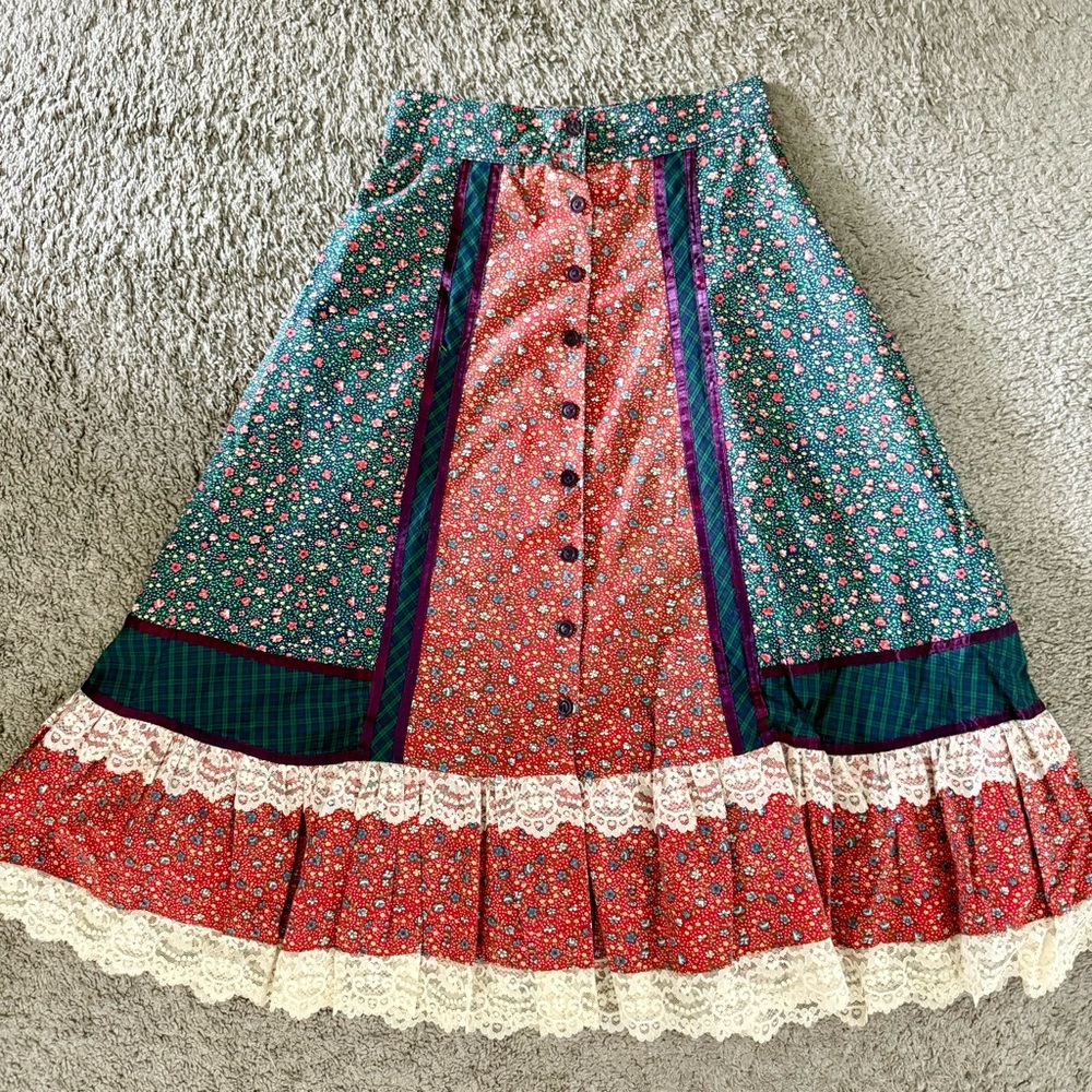 VTG GUNNE SAX Jessica’s Gunnies Floral/plaid Patch Skirt Lace Trim.size 9 - Picture 2 of 12
